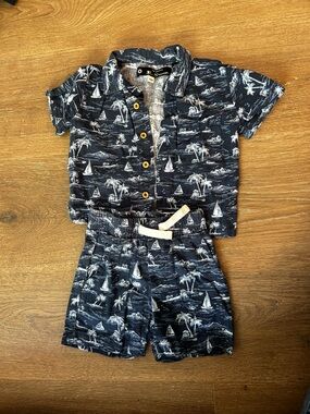 Navy Tropical Print Button-Up Shirt & Shorts Set
